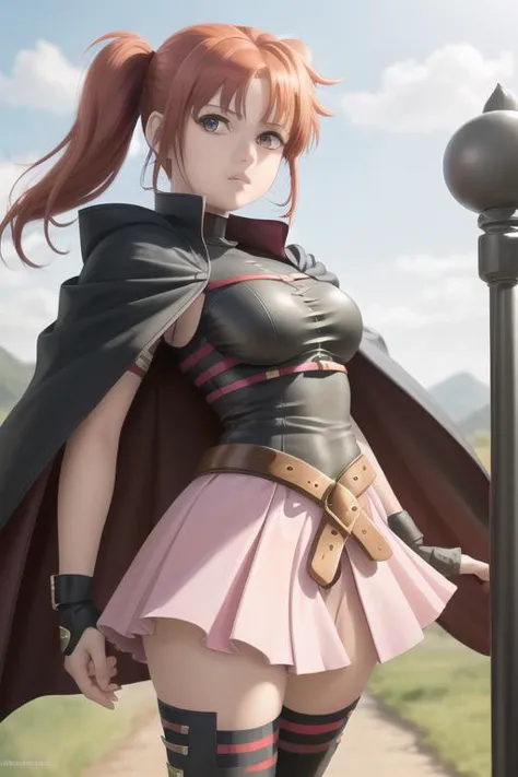 <lora:fateTestarossaHarlaownMagicalGirlLyrical_v10:1> 1girl,cape,belt,miniskirt,pink skirt,thighhighs, proportional eyes, (realistic:1.5), extremely detailed, hyper detailed, soft lighting, detailed background, extreme detail background, sharp details, beautiful face, symmetrical eyes, short red hair, short hair, red hair, green eyes, woman, high quality,