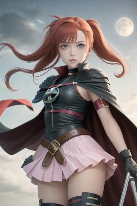 <lora:fateTestarossaHarlaownMagicalGirlLyrical_v10:1> 1girl,cape,belt,miniskirt,pink skirt,thighhighs, masterpiece, best quality,night,moon,cloudy sky,wind,(a photo of a flying girl:1.2),holding scythe,1girl,, proportional eyes, (realistic:1.5), extremely detailed, hyper detailed, soft lighting, detailed background, extreme detail background, sharp details, beautiful face, symmetrical eyes, short red hair, short hair, red hair, green eyes, woman, high quality,