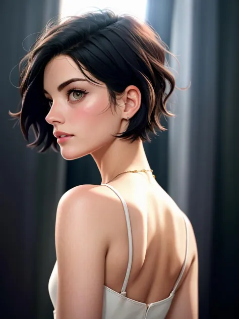 Realistic photo of a beautiful j41m134 woman,1girl,solo,looking at viewer,short hair,black hair,bare shoulders,upper body,looking back,nail polish,lips,pale skin,black nails,realistic,nose,soft lighting, professional Photography, Photorealistic, detailed, RAW, analog, sharp focus, 8k, HD, high quality, masterpiece<lora:j41m134:1.0>