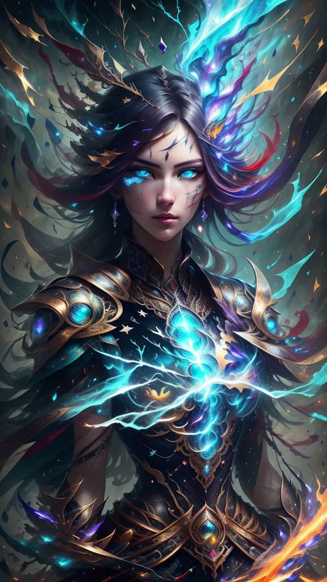 a woman with a glowing hair and a blue flame in her hands