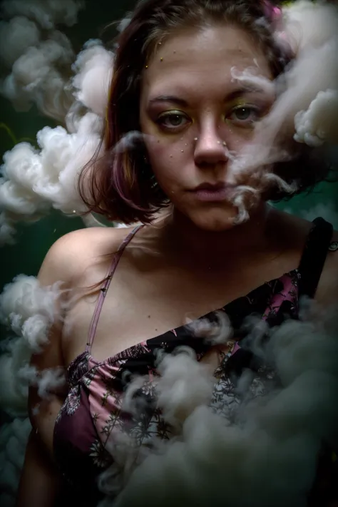 puffy smokeanywhere (woman:1.1) yellow, pink highlights, (cinematic:0.5), smoke swirling green background