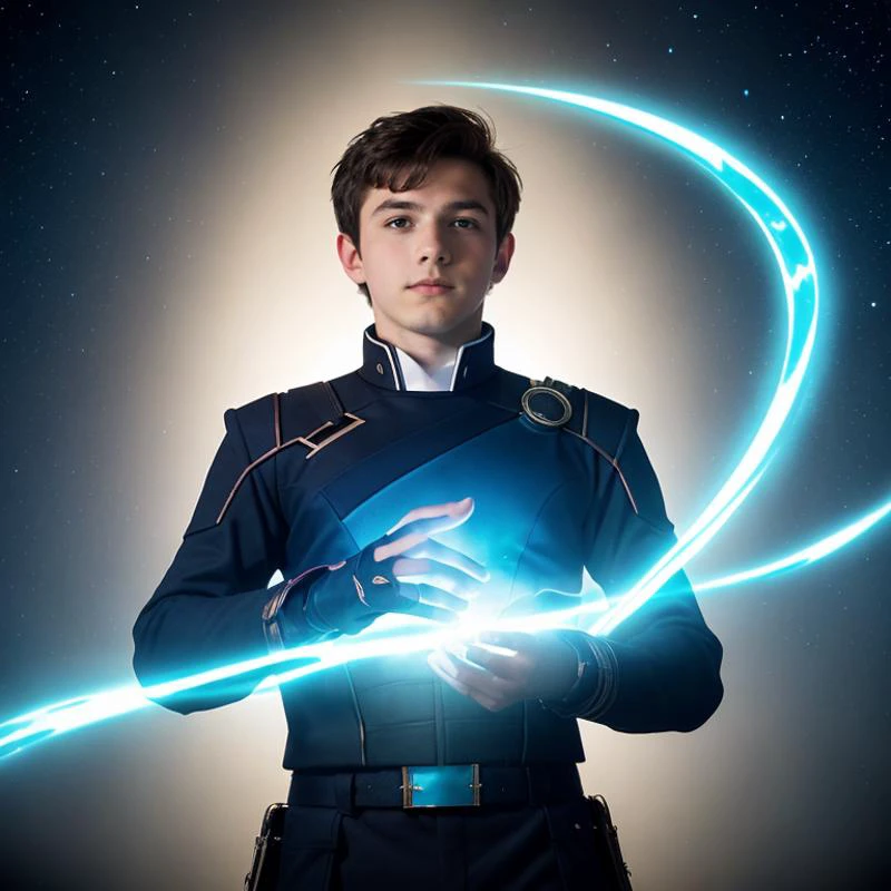 fantasy, (seen from below, looking down at viewer), on mountain peak outcropping, Hologram wizard casting powerful spell, young teenage boy male with dark brown hair hazel eyes, wearing futuristic mage uniform, surrounded by swirling magical azure light streams, detailed skin, bokeh, sharp features