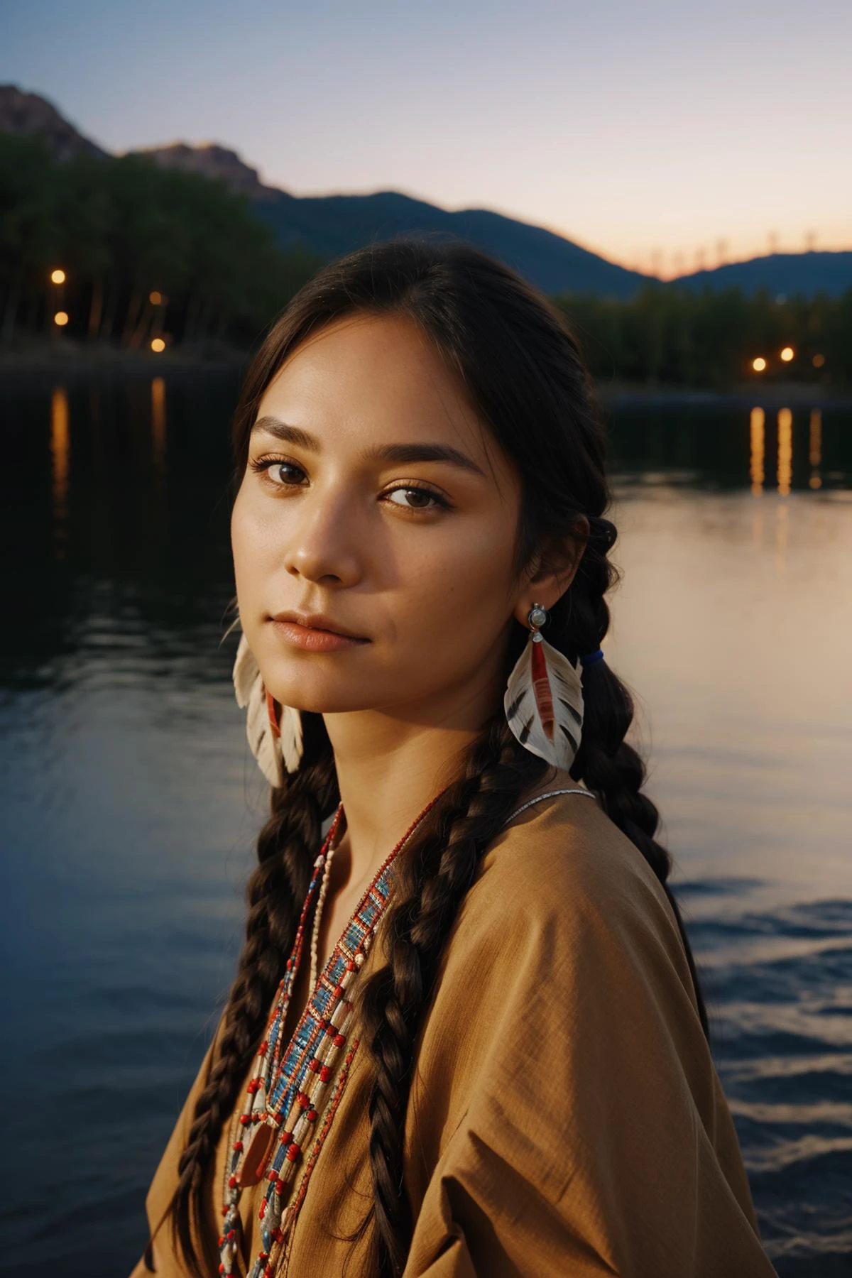 美洲原住民部落,女士,逼真的,夜間照明 ,非常詳細, 8K, 美麗的 ,完美的臉,姿勢,靠近水的地方