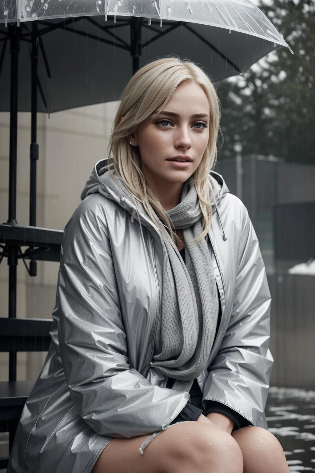 Beautiful depressed and crying young blond woman sitting outside in the cold rain, unreal engine 5 rendered, incredibly highly detailed and realistic, 8 k, sharp focus, studio quality, 8k, high quality, high resolution, 4k, hd, (well designed face), amazing face, (super detailed), very expressive eyes