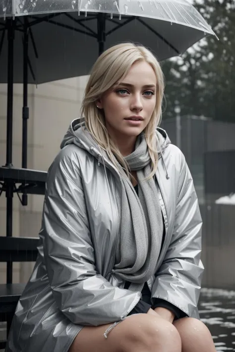Beautiful depressed and crying young blond woman sitting outside in the cold rain, unreal engine 5 rendered, incredibly highly d...
