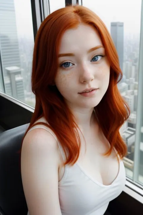 18 year old red-headed irish woman  on top of a skyscraper in tokyo, ((detailed facial features)), ((wide angle))