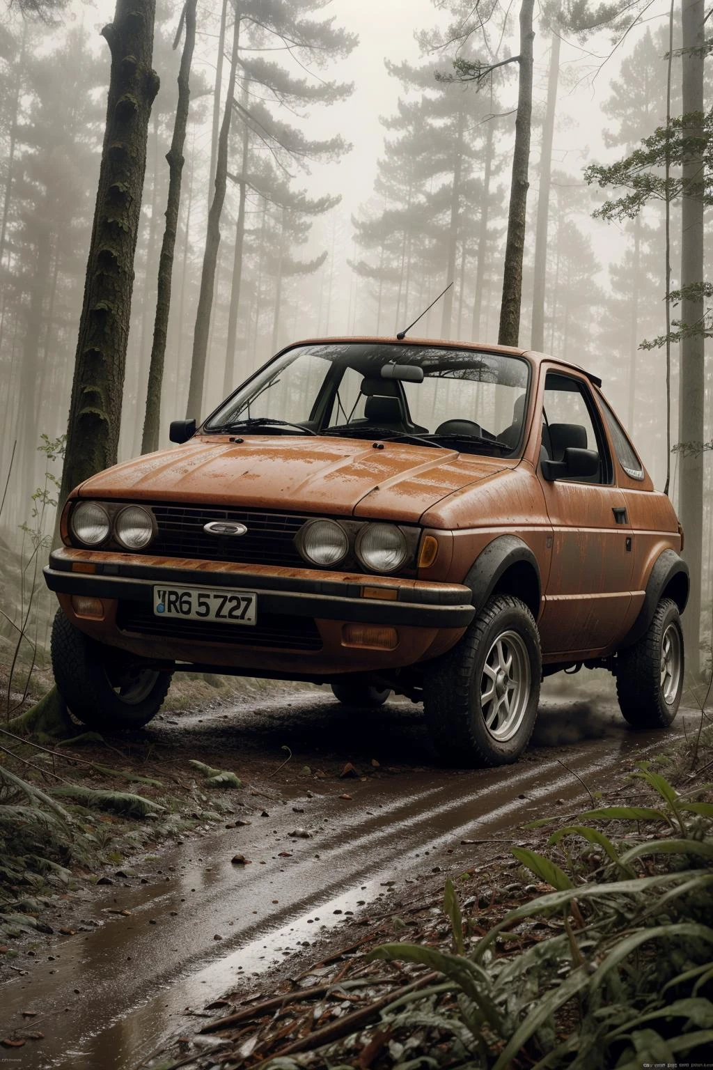 古い錆びたフォード フィエスタ XR2, 雑草だらけの森に放置された車, もや, 非常に詳細な, フィルム写真, 光漏れ, ラリー・バッド・メルマン, アートステーションでトレンド, シャープなフォーカス, スタジオ写真, 複雑な詳細, 非常に詳細な, グレッグ・ラトコウスキー