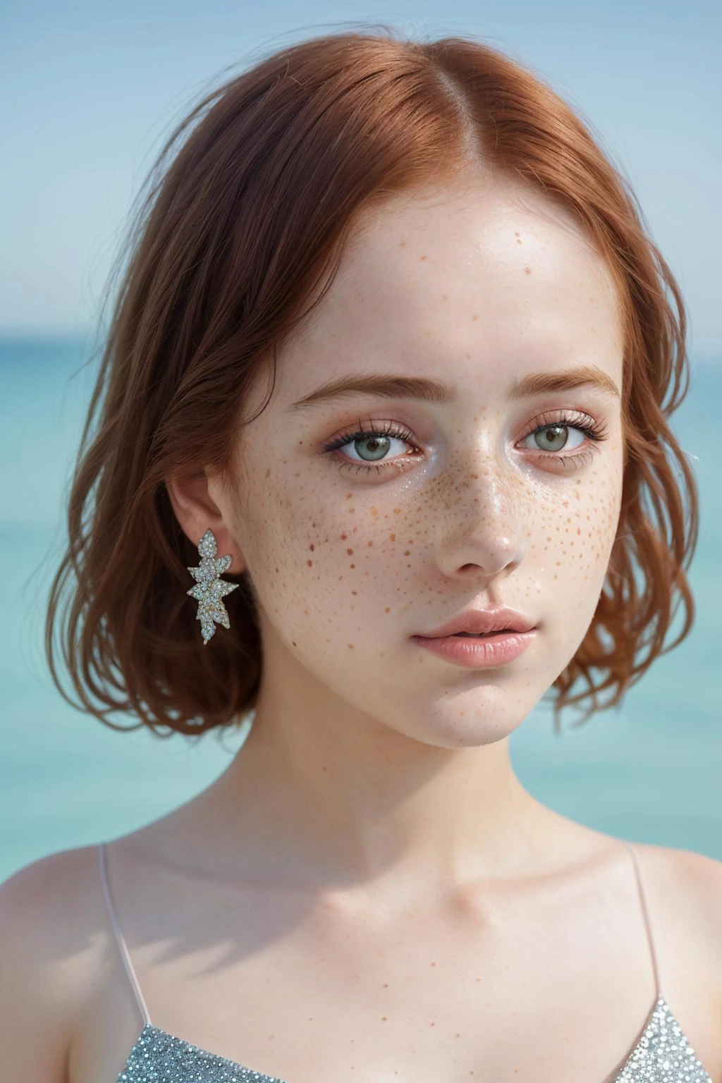 a woman with freckled skin is photographing her face, in the style of dmitry kustanovich, delicate modeling, photobashing, felicia simion, uhd image, ekaterina panikanova, glittery and shiny --ar 70:101 --s 750 --v 5. 2