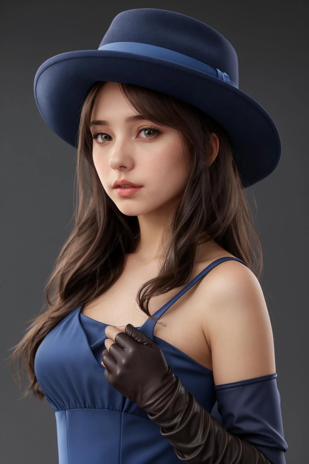 1girl, solo, gloves, dress, long hair, elbow gloves, blue dress, looking at viewer, brown eyes, brown hair, blue gloves, lips, bare shoulders, realistic, upper body, parted lips, black hair, collarbone, hat, gray background