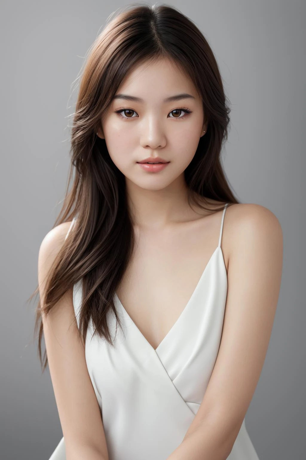 1fille,beauté pure,portrait,Meilleure qualité,vue de face,seulement,(((texture de peau réaliste))),asiatique,regarde le spectateur, Yeux noirs, Yeux clairs,Détail élevé du visage,peau blanche comme neige,lèvres hydratantes,cheveux bruns,Réaliste texture hair, Canon EOS-1D X Mark II, 80mm ,f2.8,ISO 200,Réaliste,éclairage de studio, éclairage blanc ultra brillant,((Éclairage avant)),fond simple,fond blanc,haute résolution,photographie professionnelle,détails ultra élevés,32k