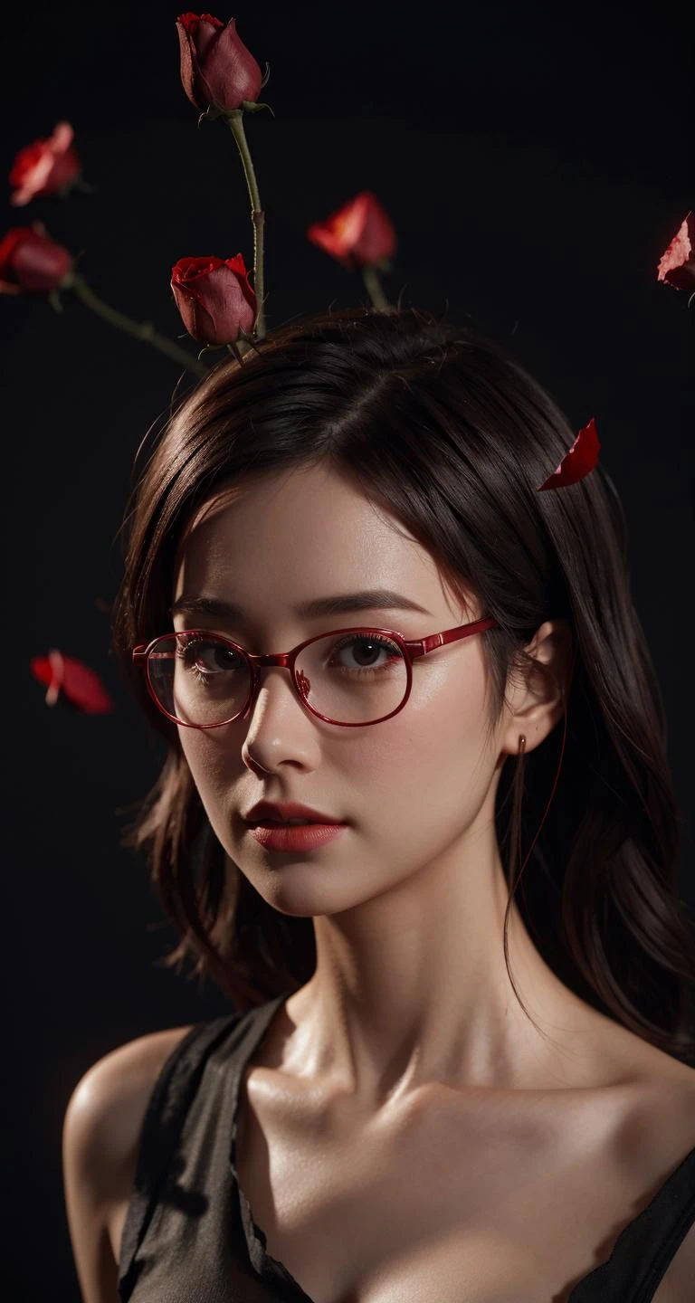 high quality,8K,a girl,in glasses,blender,3d model,,((RED)),BLACK ,(detail light),falling ROSE petals,CINEMATIC LIGHTING,DARK THEME