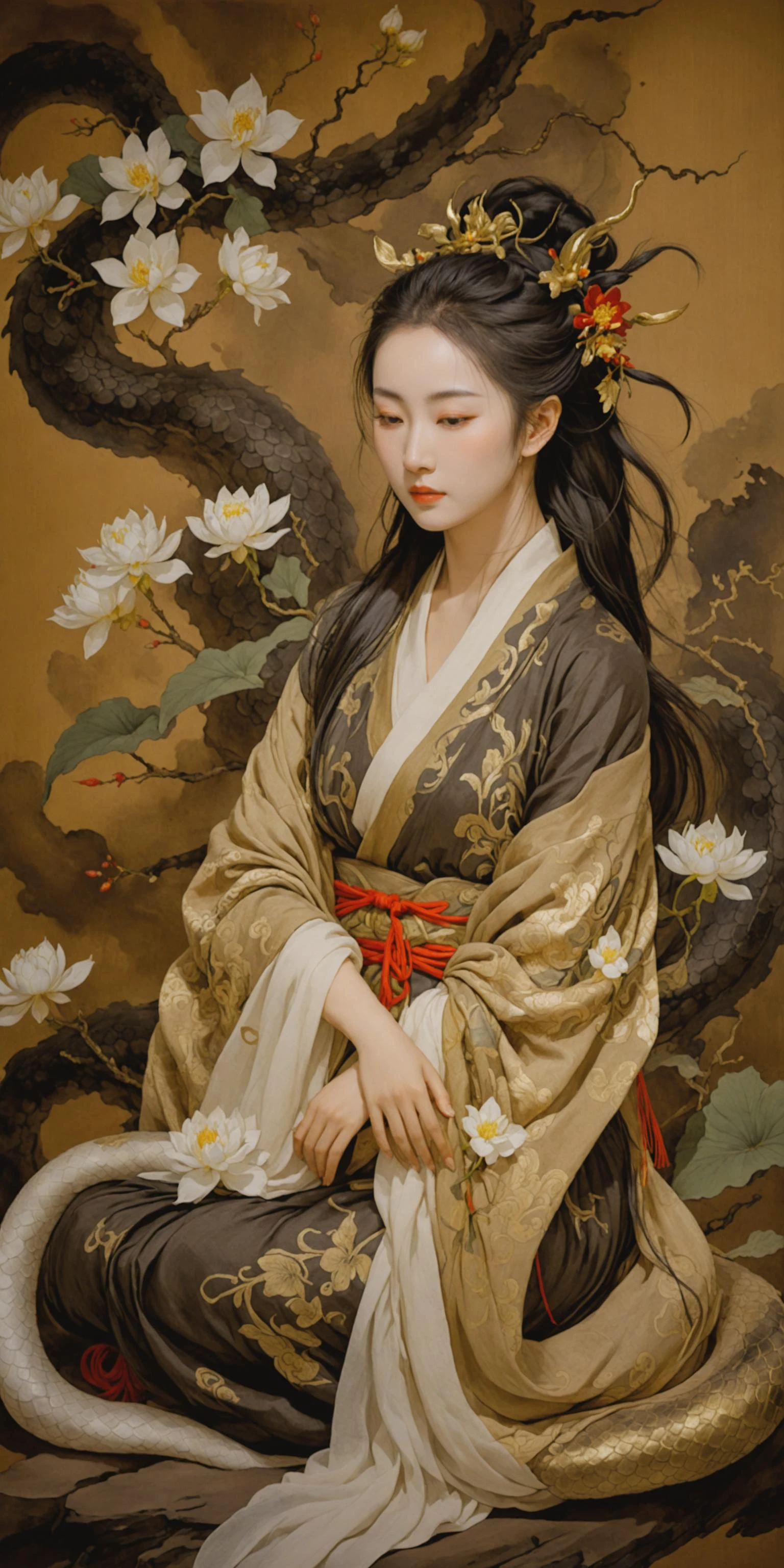 ゴールデンイースト,中国の水墨画,マジクミックス_スタイル,穏やかで瞑想的な姿勢で優雅に座っている女神,彼女の髪は長く、白い花で飾られている,彼女の体は蛇皮のような質感の薄いショールに包まれている,中央に全身を配置,完璧な手,完璧な足,光る花びら,強い影,(最高品質,傑作:1.3),超リアル,超高解像度,8k壁紙,映画のような,パノラマ,暗い背景,非常に詳細な,神話,古代,原生的,神話的な_雰囲気,すごい_風景,カラフル,ボリューム照明,チンダル効果,