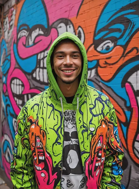 arafed man in a green hoodie standing in front of a graffiti wall