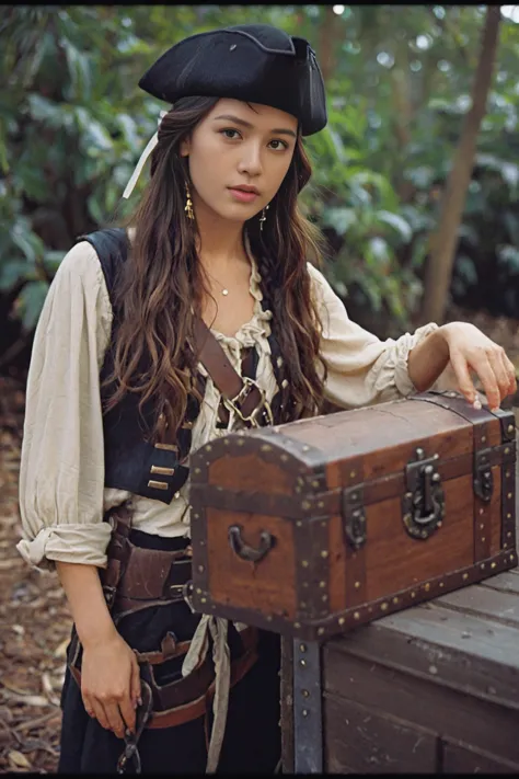 analog film photo cinematic photo cinematic film still breathtaking photo of a pirat girl standing next to (treasure chest),pirat hat,cutlass \(sword\),boots,pirat outfit. award-winning,professional,highly detailed . shallow depth of field,vignette,highly detailed,high budget Hollywood movie,bokeh,cinemascope,moody,epic,gorgeous,film grain,grainy . 35mm photograph,film,bokeh,professional,4k,highly detailed,detailed skin texture,(blush:0.2),(goosebumps:0.3),subsurface scattering . faded film, desaturated, 35mm photo, grainy, vignette, vintage, Kodachrome, Lomography, stained, highly detailed, found footage