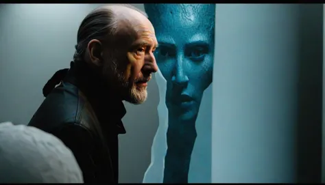 a man with a beard and a beardless face looking at a blue man