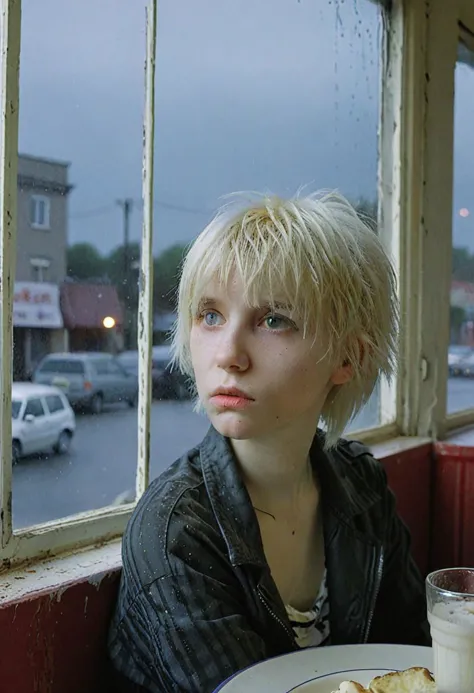 establishing shot of a ugly 18 year old emo, petite, skinny, short platinum blonde hair, very pale albino, messy hair, perfect face and upper body, (detailed skin, looking in big window:1.25), plight grey eyes, sitting against an russian diner, rainy, at night theme, dimly lit, harsh flash, faded film, by (Peter Wileman:1.36)