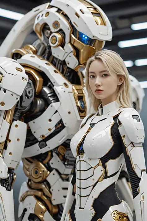 cinematic photo long shot portrait of a (White) ivory mechanical warmachine (with beautiful blonde women inside) with (gold) and...