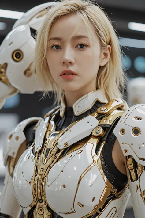 cinematic photo long shot portrait of a (White) ivory mechanical warmachine (with beautiful blonde women inside) with (gold) and...