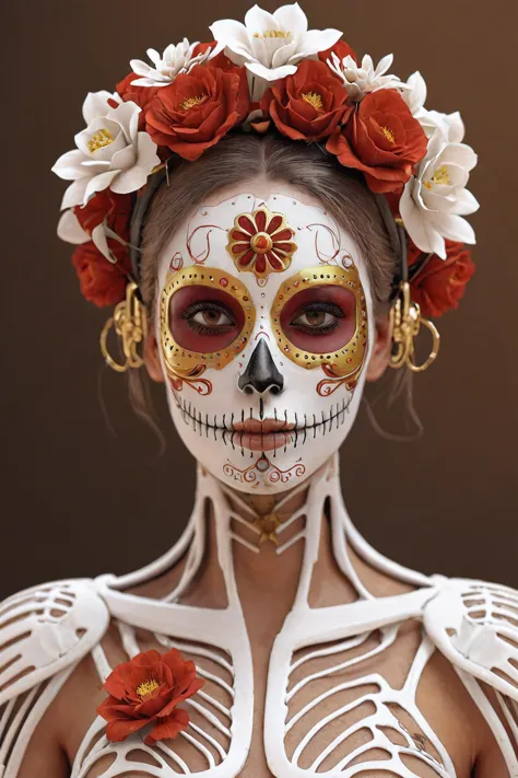 Futuristic Soldier Girl Portrait,looking at viewer,upper body,science fiction,a woman dressed in a sugar skull costume with flowers,Amazing Octane Render,thick dust and red tones,wearing a golden halo,Saint Woman,white skeleton face