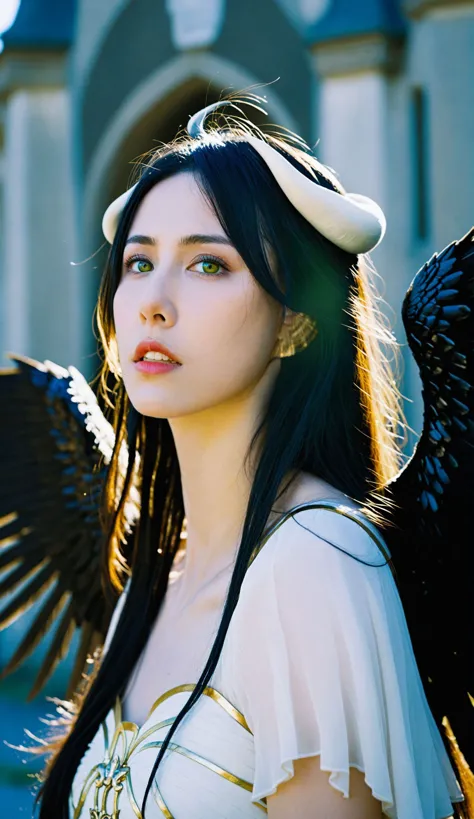 arafed woman with wings and a white dress and a black fan