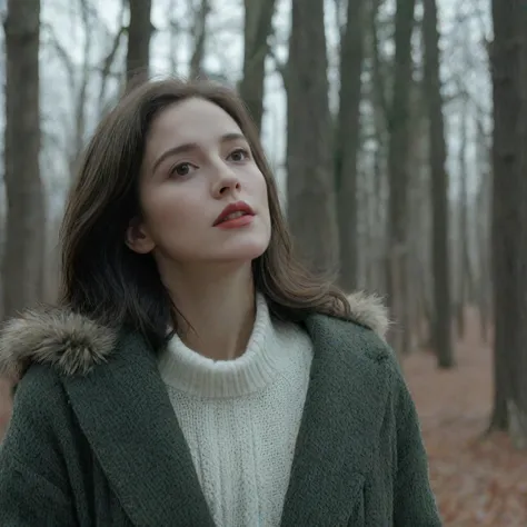 a woman in a green coat standing in a forest