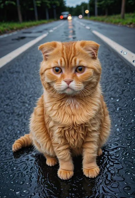 there is a cat sitting on the road in the rain