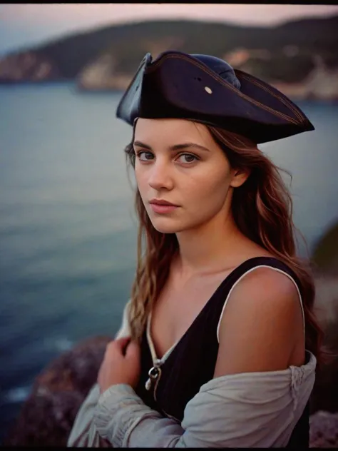 arafed woman in a pirate costume standing on a rock near the ocean