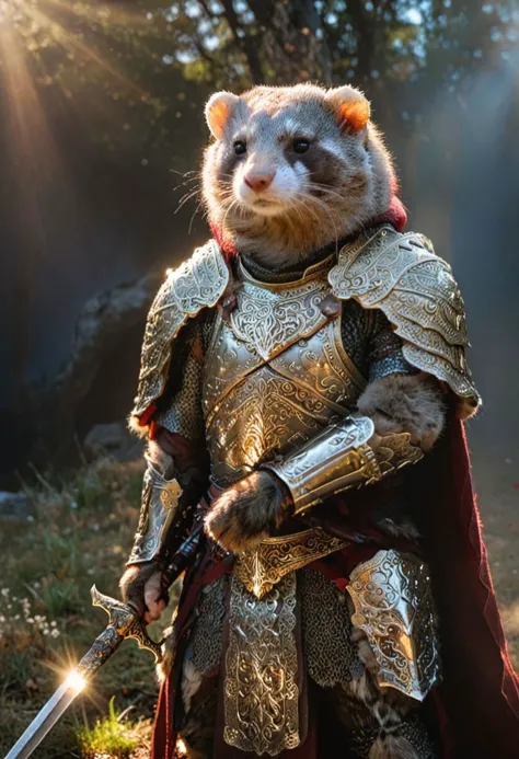 cinematic photo cinematic photo,extremely detailed fur,(holding a gleaming ornate sword:1.85),image of a wise old veteran ferret...