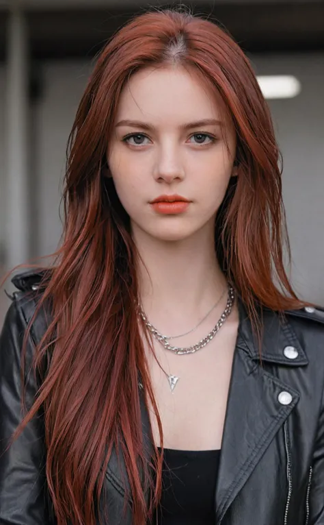 realistic,1girl,fiery red long hair,looking at viewer,upper body,black leather jacket,blurred background,cherry red lips,black eyeliner,rebellious smirk,silver chain necklace,punk aesthetics