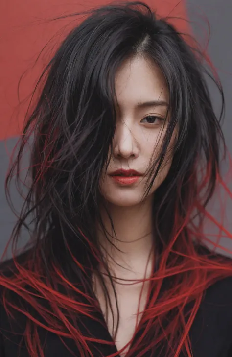 a close up of a woman with long black hair and red hair