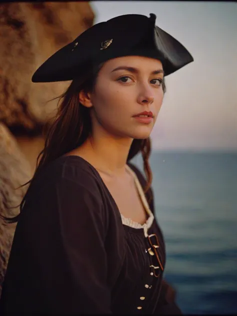 arafed woman in a pirate hat and black dress standing near the ocean