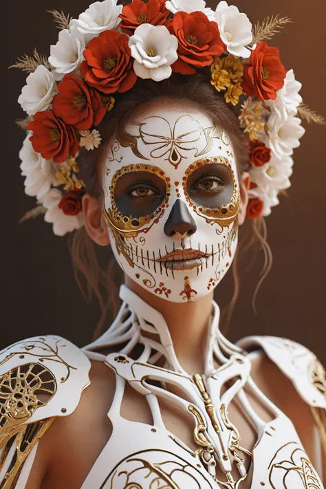 Futuristic Soldier Girl Portrait,looking at viewer,upper body,science fiction,a woman dressed in a sugar skull costume with flowers,Amazing Octane Render,thick dust and red tones,wearing a golden halo,Saint Woman,white skeleton face