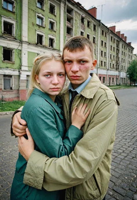 RAW photo BREAK Halfbody portrait, (ultra-wide angle:1.25), of an teens - {Ugly misshapen Russian brown-eyed dark-haired brother, hugs green-eyed blonde sister}, (skin blemish, detailed skin:1.25), on Moscow street, well defined face, Old tattered clothes, vintage cut, (Khrushchev brutal buildings on background:1.25}, a dark cinematic theme, by (john Wilhelm:1.36), BREAK soft lighting, professional colorgraded, 4k textures, ultra detailed, chromatic aberration, uhd, dslr, soft lighting, high quality, film grain, Fujifilm XT3