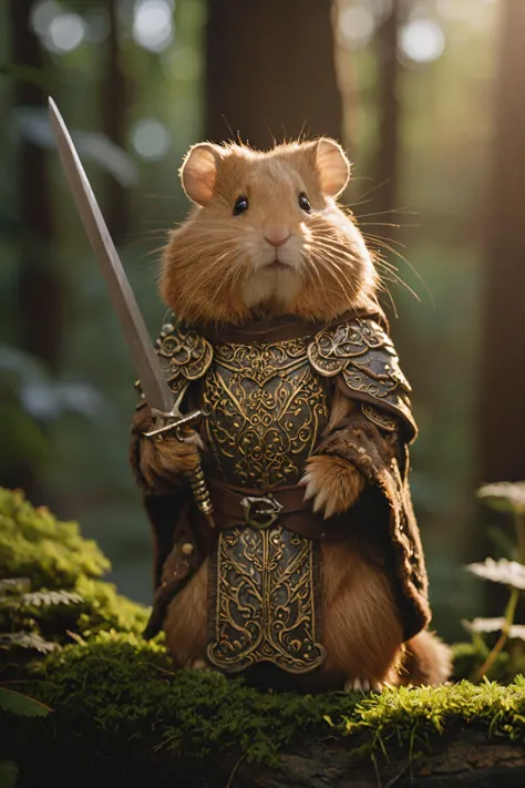 cinematic photo cinematic photo,extremely detailed fur,(holding a gleaming ornate sword:1.85),image of a wise old veteran hamster warrior wearing (shiny intricate armor:1.4) and a dark woolen cloak,haze,sparkles,glow effects,crepuscular rays,raw photo,8k,true 4k,cinematic style,rim lighting,front light,spot light,perfect lighting,chiaroscuro,professional photoshoot,intricate,ultra detailed,in an overgrown enchanted forest,moss,(beautiful flowers:1.3),ferns and vines,extremely detailed background,light shafts,bokeh,hasselblad,70mm,f/2,35mm,raw photo,schneider super cinelux,cinematic  photorealistic,8k uhd natural lighting,raw,rich,intricate details,key visual,atmospheric lighting,35mm photograph,film,bokeh,professional,4k,highly detailed . 35mm photograph,film,bokeh,professional,4k,highly detailed,cinematic  photorealistic,8k uhd natural lighting,raw,rich,intricate details,key visual,atmospheric lighting,35mm photograph,film,bokeh,professional,4k,highly detailed . 35mm photograph,film,bokeh,professional,4k,highly detailed