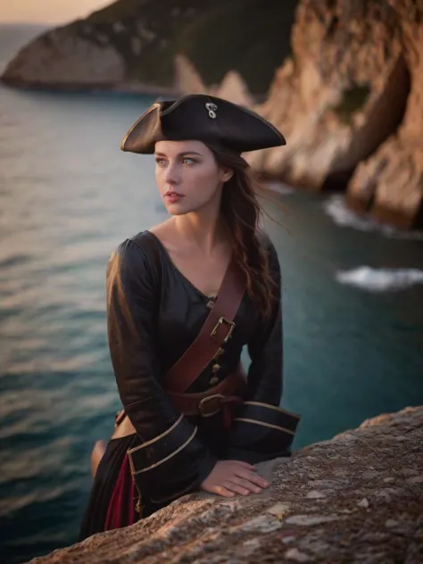 a woman in a pirate costume sitting on a rock near the ocean