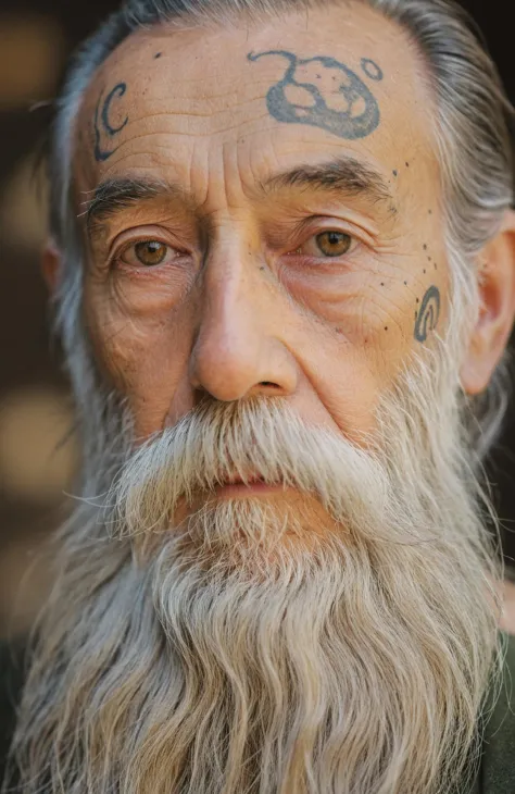 old man,upper body,realistic,looking at viewer,an old sage with a long beard,eyes that have seen centuries,celestial bodies tattooed on skin,natural shadow,depth of field,aesthetic,wise and enigmatic,