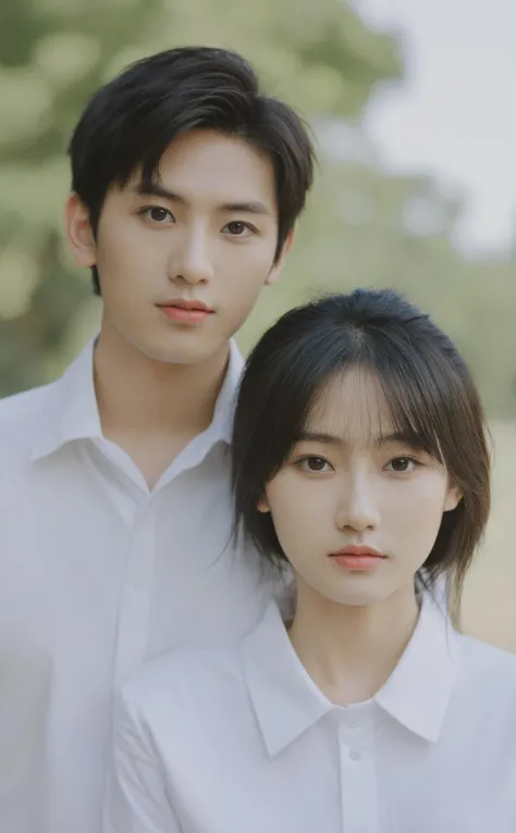 realistic, 1boy and 1girl, both with black hair and brown eyes, half body, outdoors, girl with popular korean makeup and boy with facial hair, both looking at viewer, girl in white shirt and boy in collared shirt, blurry background, refined editorial photograph