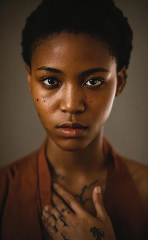 Portrait of a young african woman in a monk's robe,intense eyes,battle scars,tattoos,weapons,angry,looking into camera,high contrast,masterpiece,dramatic lighting,ultra realistic,colorful,depth of field,bokeh,cinematic,wide angle,