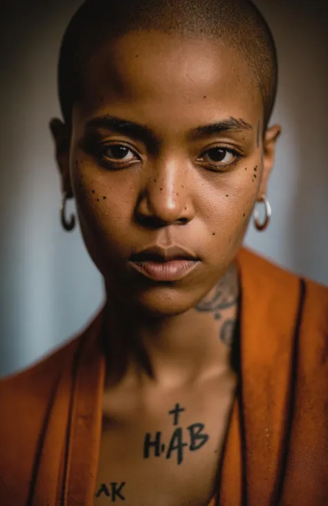 Portrait of a young african woman in a monk's robe,intense eyes,battle scars,tattoos,angry,looking into camera,high contrast,masterpiece,dramatic lighting,ultra realistic,colorful,depth of field,bokeh,cinematic,wide angle,