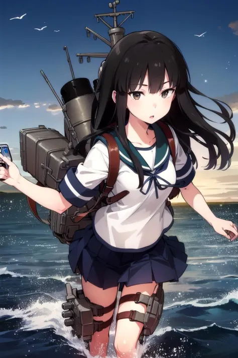 (masterpiece), (best quality), (ultra-detailed), photorealistic, (best illustration), (an extremely delicate and beautiful), 1girl, solo, long hair, hatsuyuki \(kancolle\), brown eyes, blunt bangs, serafuku, teal sailor collar, short sleeves, wind, thigh strap, (torpedo launcher),<lora:hatsuyuki_nai_4-40:0.8:lbw=INS_MIDD> pleated skirt, blue skirt, from above, machinery, smokestack, backpack, holding turret,