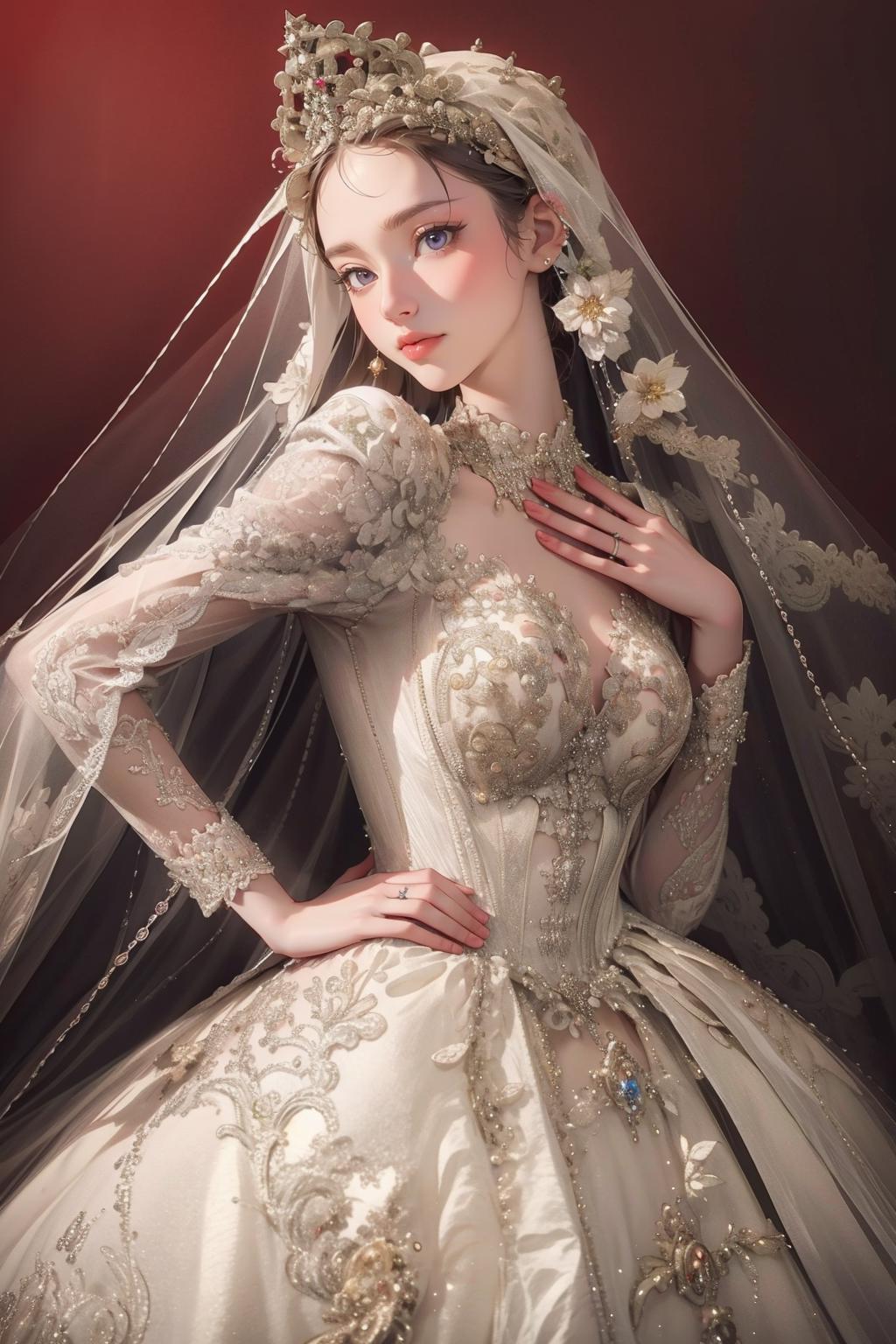 A woman in a wedding dress with a veil and a tia - SeaArt AI