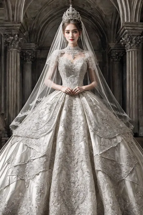 1girl,solo,ruanyi0257,bridal veil,lace-trimmed dress,wedding dress,white dress,bride,,, best quality,masterpiece,highres,official art,,white palace, tiara,marvelous, gorgeous, noble,gothic architecture,, Jewelry,
 <lora:0257 castle style wedding dress_v2:0.5>