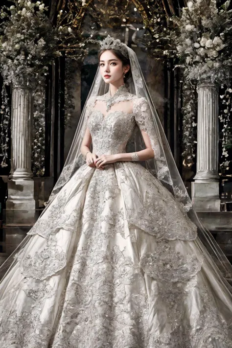 a woman in a wedding dress standing in front of a floral arch