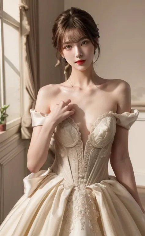 1girl,solo,small breasts,looking at viewer,nsfw,pose,smile,blunt bangs,(eyeliner,blush:0.9),(((sex suggestive,bright red lips,slim))),(pale skin:1.2),beautiful bridal dress,timeless elegant & exquisite,//stunning narrow waist,liquid crystal fluid radiant cinematic lighting,(realistic, photo-realistic:1.37),(sharp focus:1.2), full body (8k, RAW photo, best quality, masterpiece:1.2),professional lighting, photon mapping, radiosity, physically-based rendering, clear shadows & highlights,nsfw, portrait,