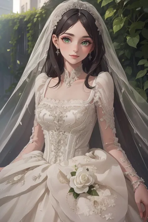 a woman in a wedding dress with a veil and flowers