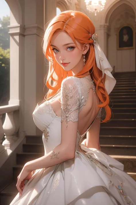 (masterpiece, best quality, beautiful and aesthetic:1.3), upper body, look back, looking at viewer, 1girl, solo, light smile, very long hair, (orange hair:1.2), ruanyi0254, jewelry, necklace, white dress, wedding dress, shiny skin, beautiful face, beautiful eyes, outdoors, royal palace, stairs, chandelier, standing, extreme detailed, professional illustration, hires, <lora:0254 Palace style wedding dress_v1:0.6>