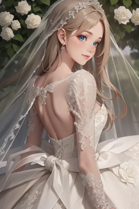 (masterpiece, best quality, beautiful and aesthetic:1.3), upper body, look back, looking at viewer, 1girl, solo, light smile, (makeup, long hair, light brown hair, blue eyes:1.2), ruanyi0256, bridal veil, lace-trimmed dress, see-through, wedding dress, outdoors, white roses, garden, morning, standing, extreme detailed, <lora:0256 louvre queen_v1:0.8>