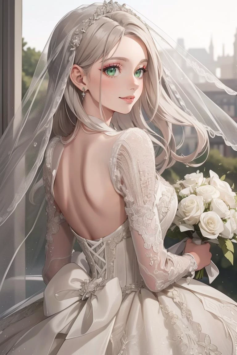(masterpiece, best quality, beautiful and aesthetic:1.3), upper body, look back, looking at viewer, 1girl, solo, light smile, (makeup, long hair, light grey hair, green eyes:1.2), ruanyi0256, bridal veil, lace-trimmed dress, see-through, wedding dress, outdoors, white roses, garden, morning, standing, extreme detailed, 