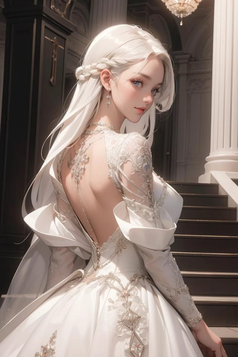 (masterpiece, best quality, beautiful and aesthetic:1.3), upper body, look back, looking at viewer, 1girl, solo, light smile, very long hair, (white hair:1.2), ruanyi0254, jewelry, necklace, white dress, wedding dress, shiny skin, beautiful face, beautiful eyes, outdoors, royal palace, stairs, chandelier, standing, extreme detailed, professional illustration, hires, 