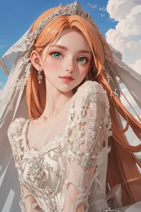 a woman with long red hair wearing a wedding dress and veil